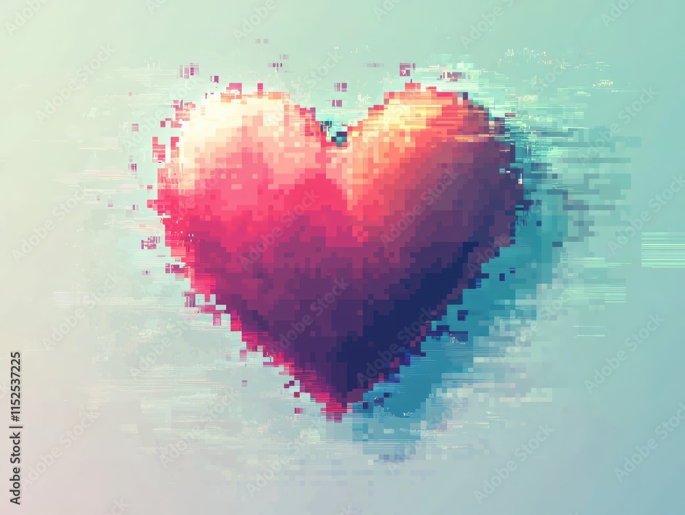 Aufkleber glitch art heart with pixelated effect and colorful abstract background