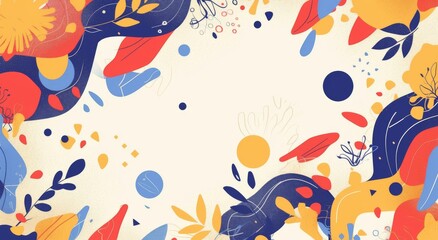 Abstract Colorful Pattern with Minimalist Line Drawings and Doodles, Featuring Geometric Shapes, Curves, and Colorful Dots in Light Yellow, Orange, Red, Blue, and Green.