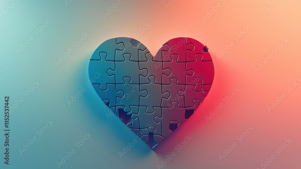 Poster heart shaped puzzle piece concept with soft gradient background in calm colors