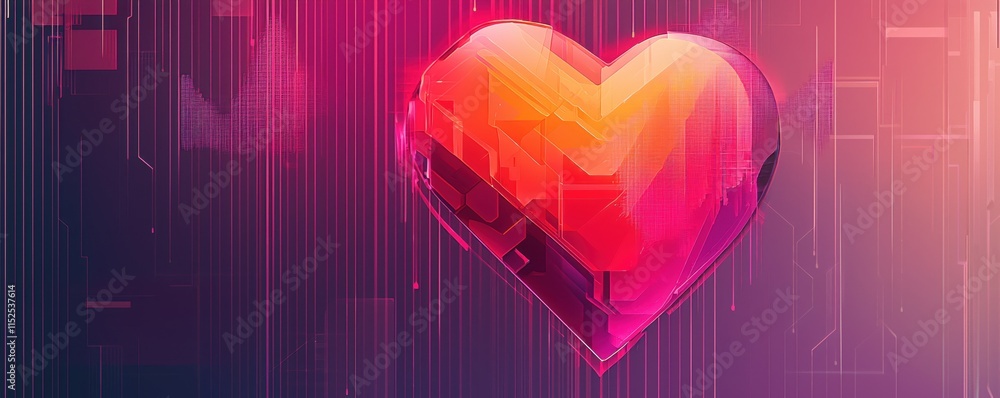 Poster vibrant abstract heart shape with colorful geometric patterns and digital elements