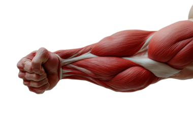 Muscular arm anatomy with detailed fibers, closeup scientific illustration of biceps and tendons, educational and medical concept for muscle structure isolated on transparent background