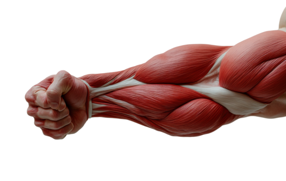 Muscular arm anatomy with detailed fibers, closeup scientific illustration of biceps and tendons, educational and medical concept for muscle structure isolated on transparent background