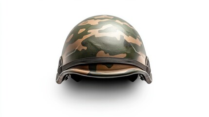 Fototapeta premium Camouflaged green military helmet on white background