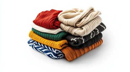 Cozy stack of knitted garments on a white background