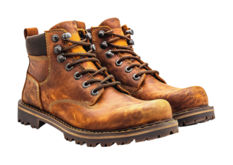 Worn brown leather work boots with rugged soles and detailed stitching, classic durable footwear for outdoor work and hiking isolated on transparent background