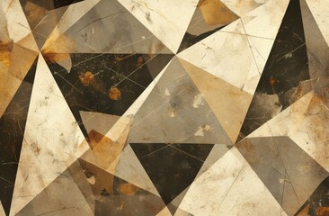 Abstract geometric shapes in neutral tones on a grunge background, featuring triangles and diamonds for modern wall art or mural design