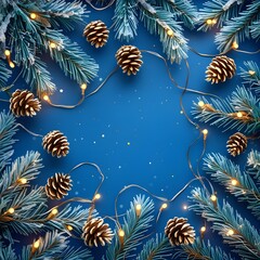 Naklejka premium Christmas and New Year Banner with Frosted Pine Branches, Golden Pinecones, and Glittering Lights on a Blue Background: Perfect for holiday marketing, web headers, festive promotions, and customizable