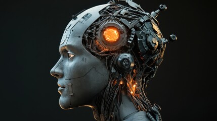 Futuristic Robotic Head with Electronic Cores and Complex Wiring