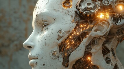 Futuristic Robot Face with Illuminated Circuits and Mechanical Elements