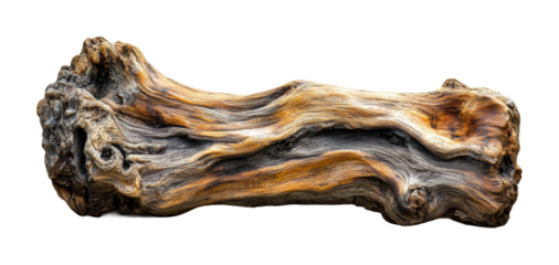 Large weathered driftwood log with detailed knots and grain texture isolated on white. Rustic wooden nature element for design, beach wood texture isolated on transparent background
