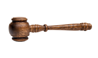Classic wooden judge gavel with detailed grain texture, symbol of law, justice, or courtroom authority, legal decision tool isolated on transparent background