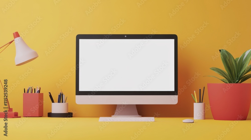 Poster modern workspace with blank screen computer on vibrant yellow backdrop