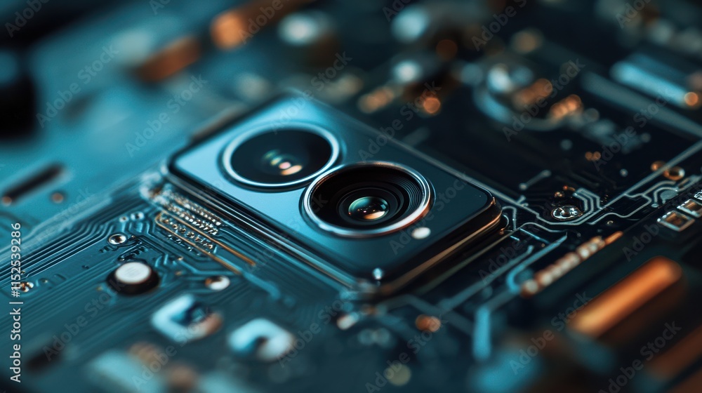 Poster close-up view of camera module on circuit board with technology details