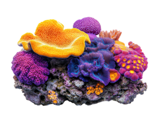 Colorful coral reef cluster with vibrant marine textures, underwater life, tropical ocean beauty, exotic aquatic organisms, and marine biodiversity isolated on transparent background