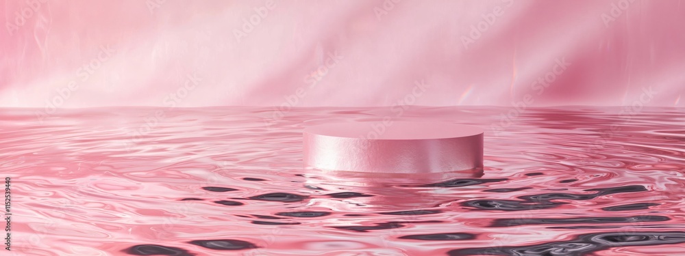Poster pink circular object floating on water surface with soft pink background and reflection