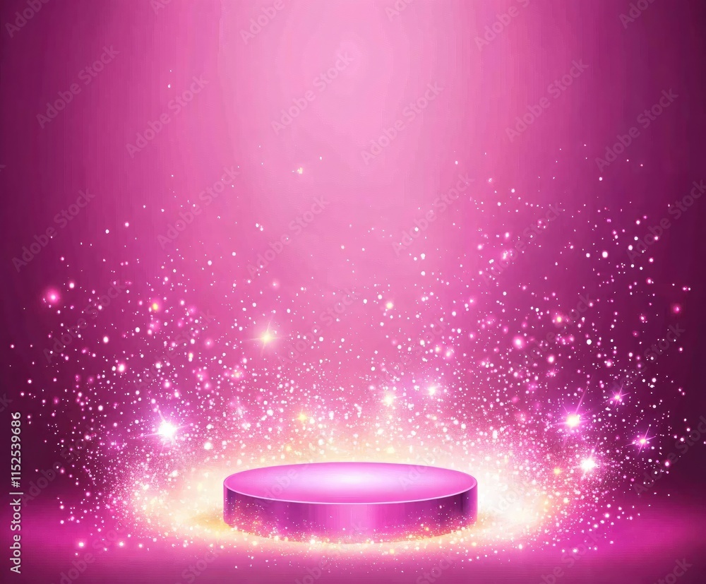 Poster sparkling pink background with glowing platform for display and presentation