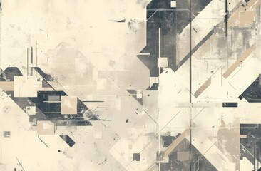 Abstract geometric shapes in neutral tones on a grunge background, featuring triangles and diamonds for modern wall art or mural design