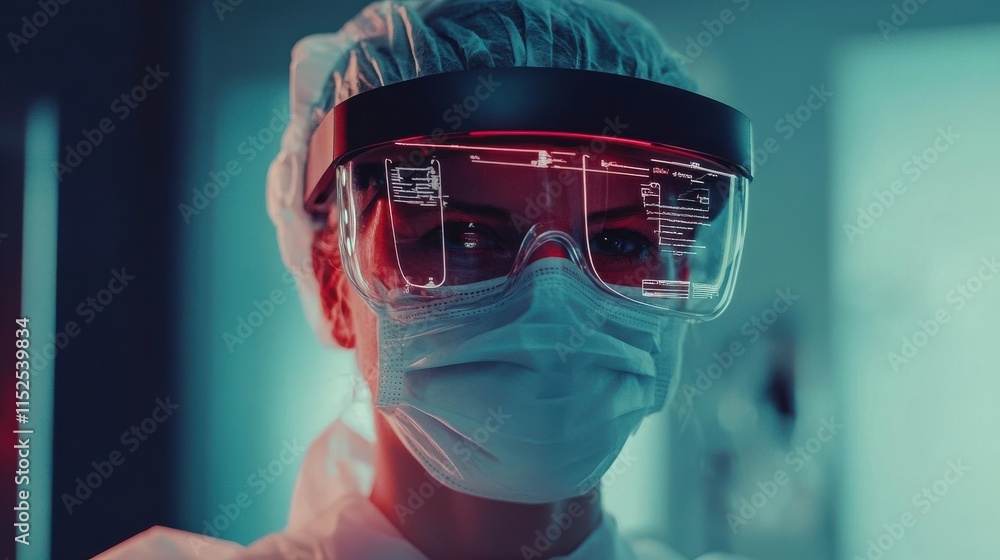 Poster high-tech scientist in face shield with futuristic display