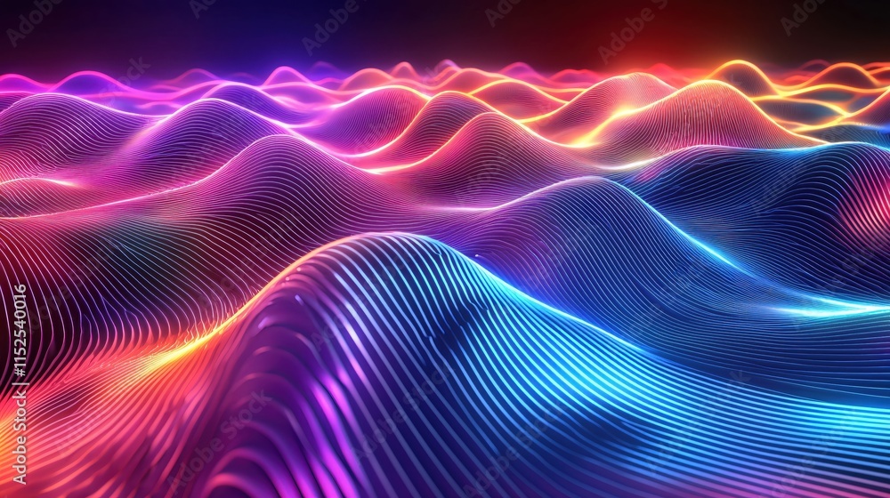 Poster futuristic wave form visualization in neon colors with soft gradients and light effects