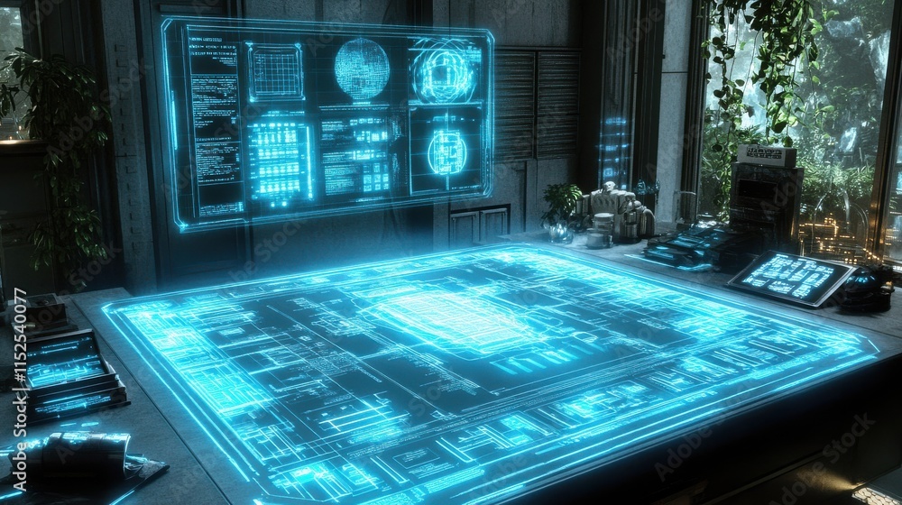 Poster futuristic science lab with holographic interface and greenery