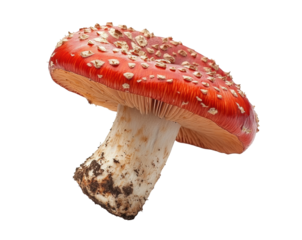 Bright red fly agaric mushroom with white speckles and thick stalk, iconic fungi for nature, botany, or fantasy themes isolated on transparent background