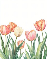 Vibrant Tulips in Soft Pastel Colors with Gentle Green Leaves on a Light Background