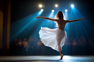 Ballerina performing on stage, backlit by spotlights.