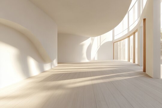 Sunlit minimalist interior with curved walls and large windows.