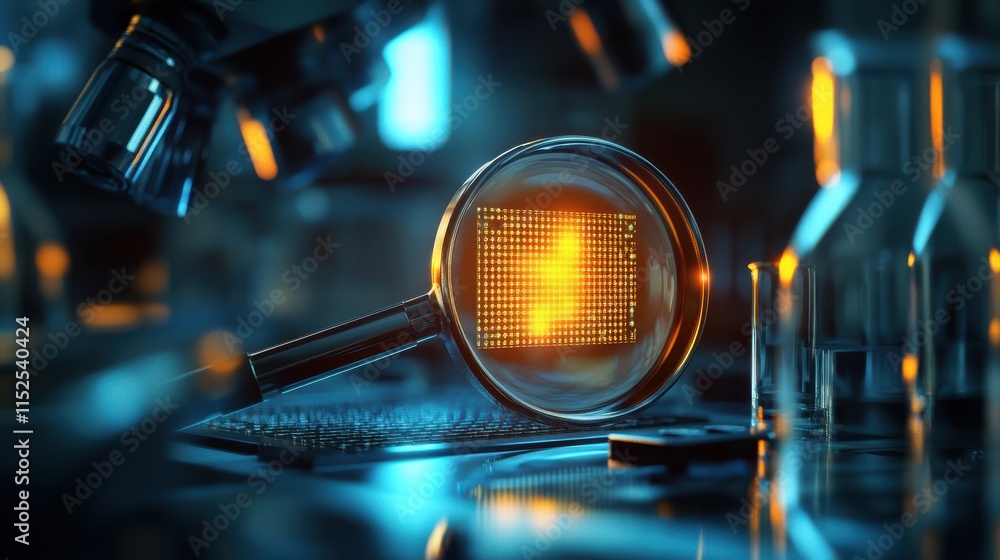 Poster magnifying glass with digital display in laboratory environment