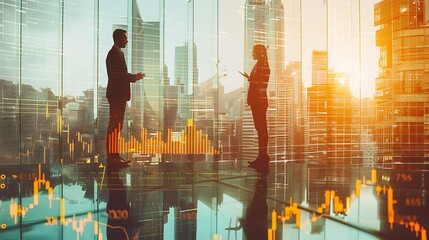 Strategic Business Partnership: Silhouetted Figures Discussing Financial Data Against a Cityscape