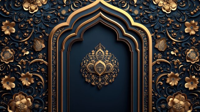 Intricate gold and blue arabesque archway design.