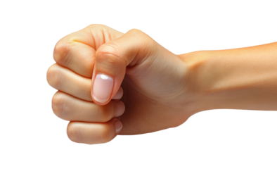Closed clenched fist of female hand, gesture symbolizing strength, power, and determination, human hand anatomy concept for unity and protest isolated on transparent background