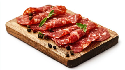 A high-resolution product photo of premium marbled meat slices neatly arranged on a wooden board, vibrant and fresh red tones with subtle marbling patterns, bright white background creating stark cont