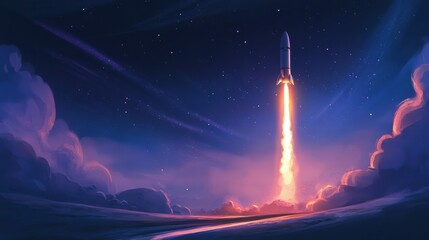 Rocket Launching Into Starry Night Sky with Colorful Flames