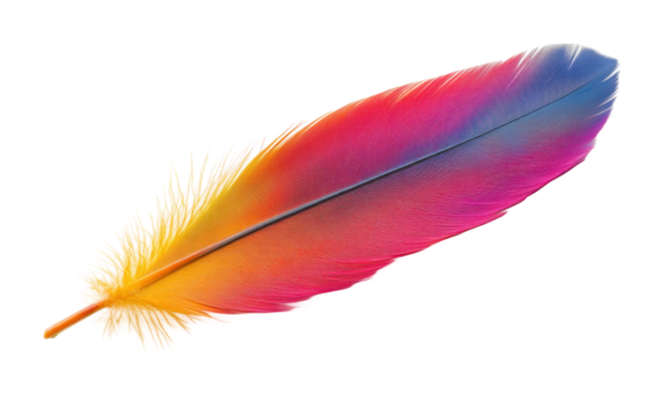Vibrant rainbow feather with soft gradient shades of pink, yellow, blue, and orange, artistic and nature-inspired delicate design isolated on transparent background