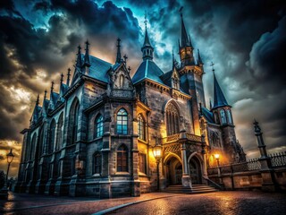 Fototapeta premium Mysterious shadows shroud gothic architecture, abandoned urban spaces; night photography reveals dark fantasy's surrealism.
