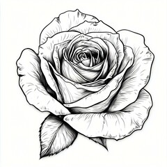 A detailed Rose, outlined in black lines, with sharp details, on a white canvas.