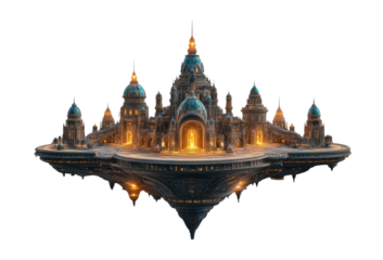 Floating fantasy city with glowing domes, majestic architecture, magical atmosphere, futuristic design, and illuminated pathways isolated on transparent background