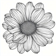 Daisy with crisp black lines, clear details, on a white backdrop.