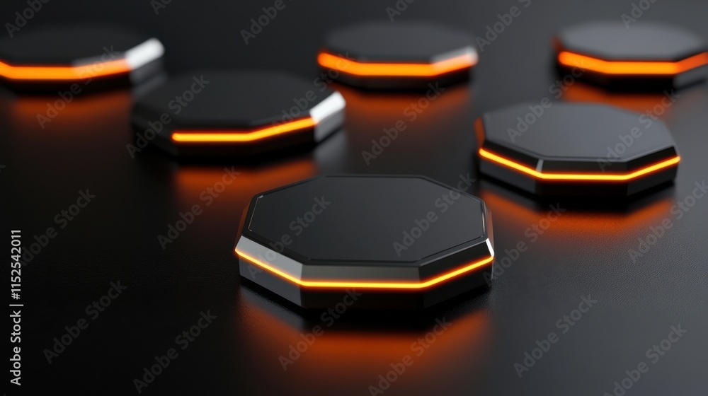 Poster black hexagonal objects with glowing orange edges on dark surface