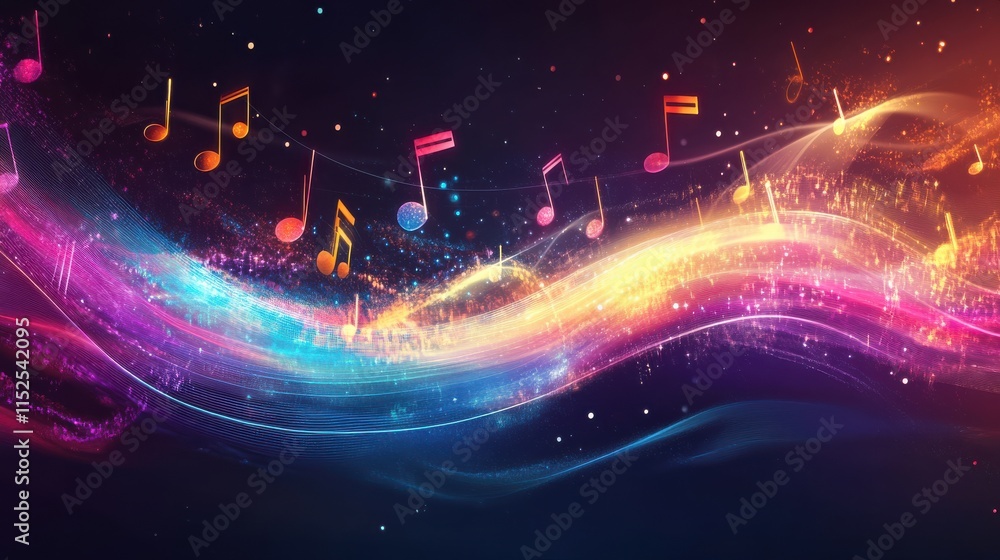 Poster abstract color wave with musical notes on a dark background