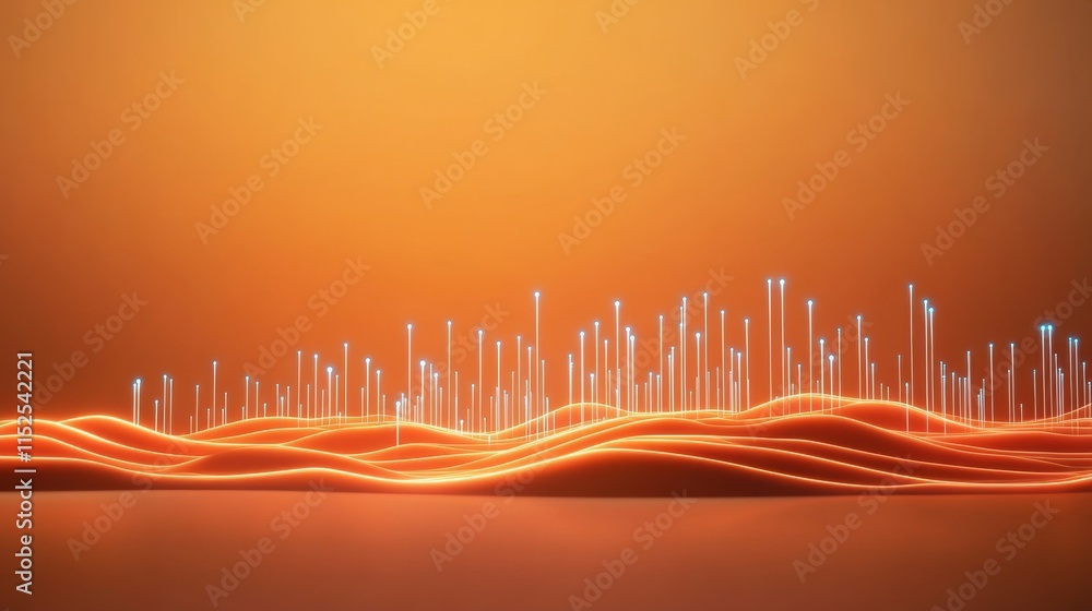 Poster abstract waveform design with glowing light elements against a warm orange background