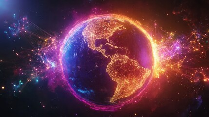 Fototapeta premium Vibrant Earth with Colorful Light Trails and Starry Background