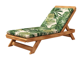 Tropical wooden chaise lounge chair, relaxing recliner with palm leaf upholstery, outdoor furniture for gardens, patios, and beach vibes isolated on transparent background