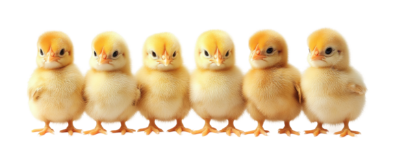 Cute little yellow Easter chickens lined up for spring celebration. Isolated on transparent background, png.