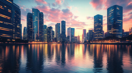 Fototapeta premium Sunset Reflections of Illuminated Skyscrapers on a Serene Riverfront Cityscape, With Their Glow Casting on the Water
