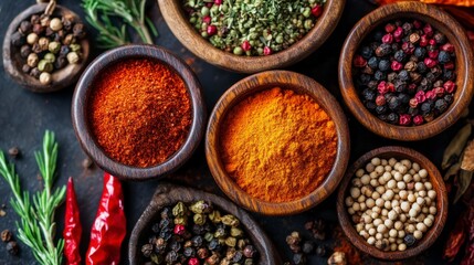 Fototapeta premium Aromatic Spices in Wooden Bowls, Dark Background, Close-Up