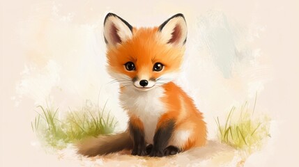 Obraz premium Adorable Fox Cub Sitting in Grass - Sweet Wildlife Art
