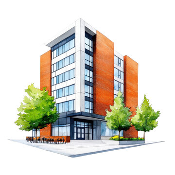 watercolor building with red brick facade clip art preview