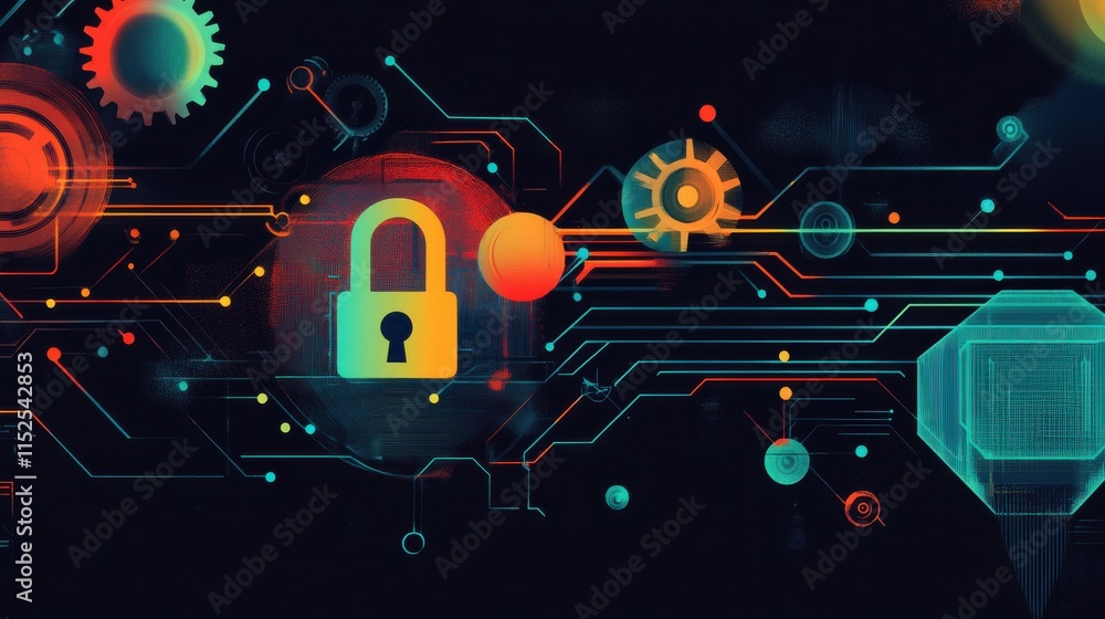 Poster digital security concept with lock and gears on high-tech background
